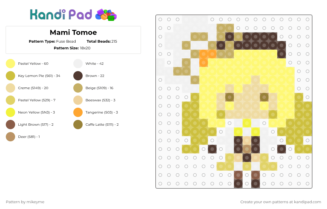Mami Tomoe - Fuse Bead Pattern by mikeyme on Kandi Pad - yellow,beige,mami tomoe,puella magi madoka magica,madoka magica,magical girl