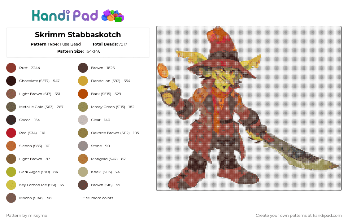 Skrimm Stabbaskotch - Fuse Bead Pattern by mikeyme on Kandi Pad - brown, character, dnd, legends of avantris, red, tan