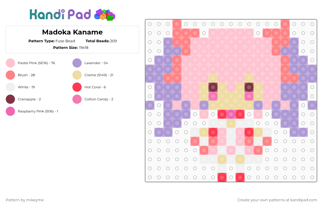 Madoka Kaname - Fuse Bead Pattern by mikeyme on Kandi Pad - pink,madoka,puella magi madoka magica,magical girl,madoka kaname