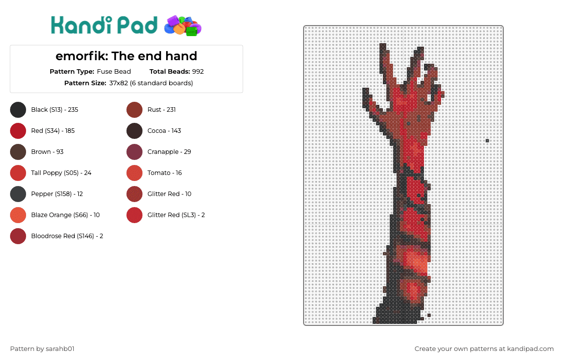 emorfik: The end hand - Fuse Bead Pattern by sarahb01 on Kandi Pad - emorfik,music,dj,edm,dramatic,finale,representation,red