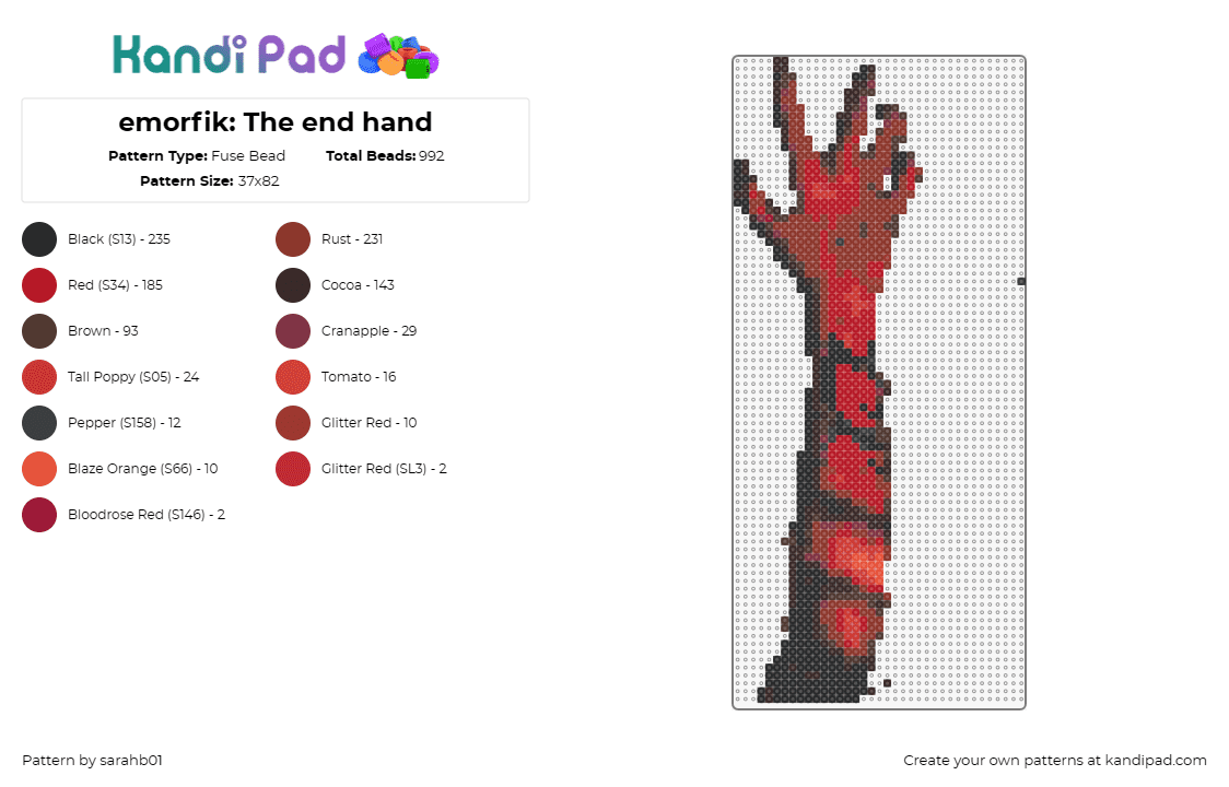 emorfik: The end hand - Fuse Bead Pattern by sarahb01 on Kandi Pad - emorfik,music,dj,edm,dramatic,finale,red