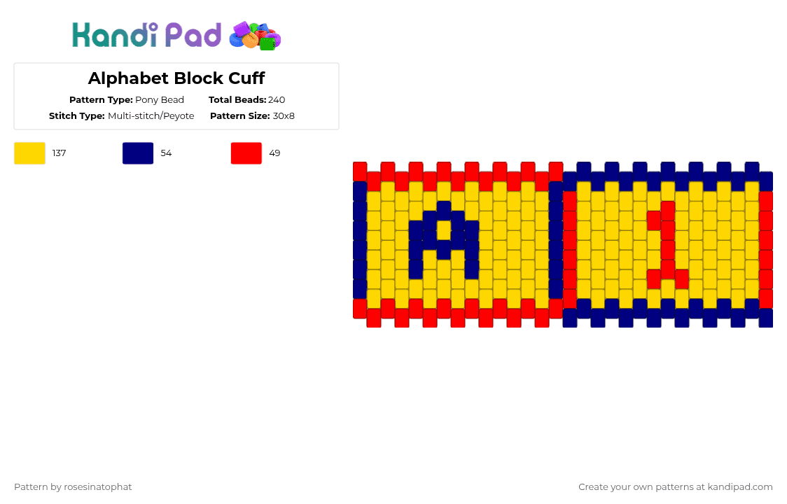 Alphabet Block Cuff - Pony Bead Pattern by deleted_user_799795 on Kandi Pad - yellow,cotdtoystores,clowncore,red,blue,alphabet