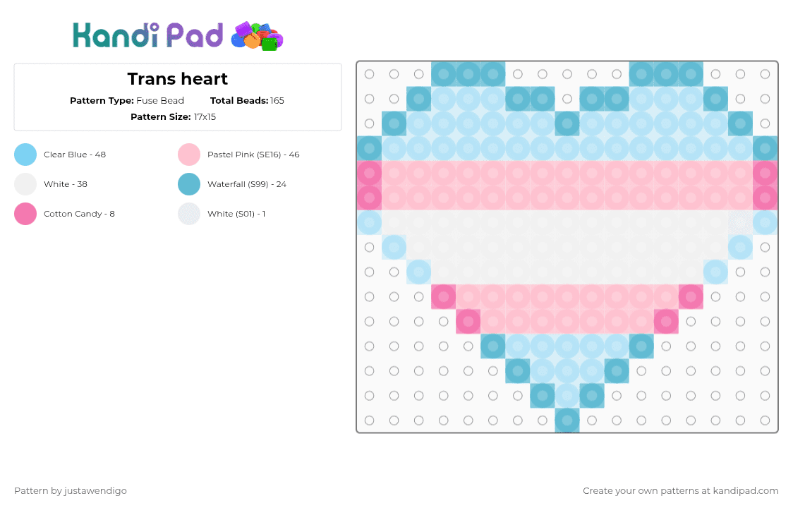 Trans heart - Fuse Bead Pattern by justawendigo on Kandi Pad - light blue,pink,trans,justawendigo,wendigogardens,lgbtq,transgender