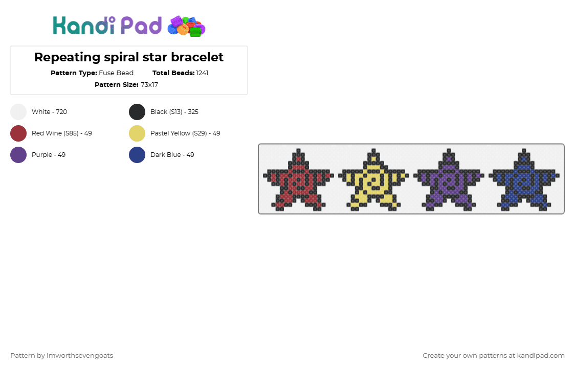 Repeating spiral star bracelet - Fuse Bead Pattern by imworthsevengoats on Kandi Pad - white,yellow,blue,colorful