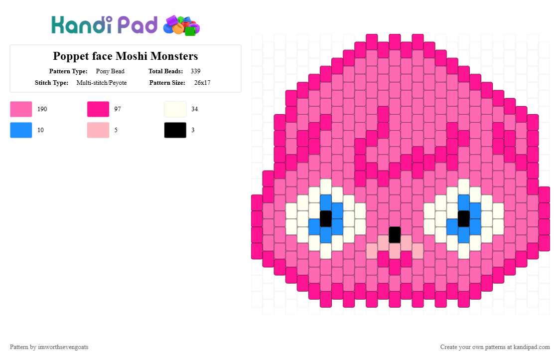 Poppet face Moshi Monsters - Pony Bead Pattern by imworthsevengoats on Kandi Pad - moshi, moshi monsters, pink, poppet