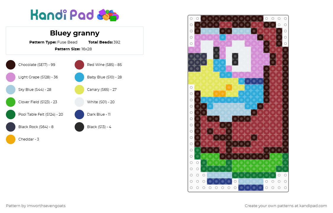 Bluey granny - Fuse Bead Pattern by imworthsevengoats on Kandi Pad - bluey,granny,dog,cartoon,tv show,animal,brown,red,pink,colorful