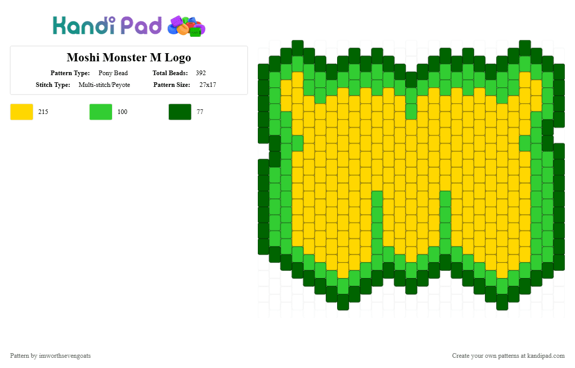Moshi Monster M Logo - Pony Bead Pattern by imworthsevengoats on Kandi Pad - green, mindcandy, moshi, moshi monsters, yellow