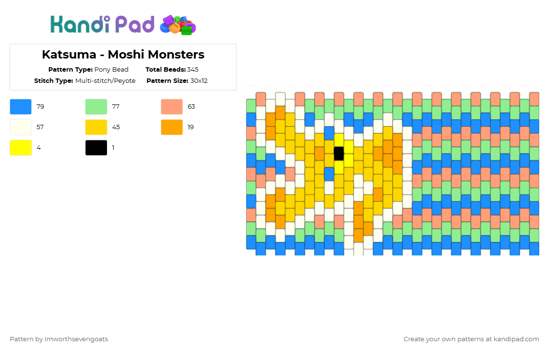 Katsuma - Moshi Monsters - Pony Bead Pattern by imworthsevengoats on Kandi Pad - light blue, orange, teal