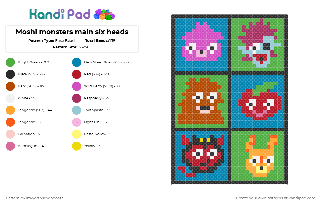 Moshi monsters main six heads - Fuse Bead Pattern by imworthsevengoats on Kandi Pad - diavlo, furi, green, katsuma, light blue, luvli, moshi monsters, poppet, red, zommer
