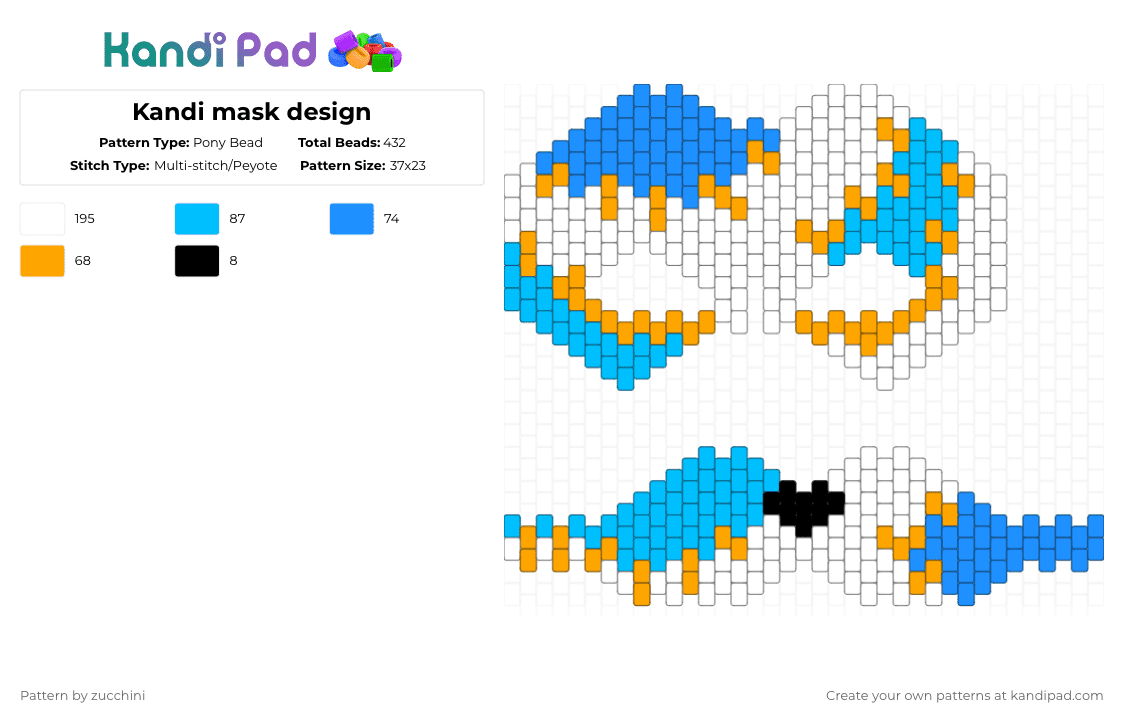Kandi mask design - Pony Bead Pattern by zucchini on Kandi Pad - orange,light blue,sewing,blue,stitching,mask,animal