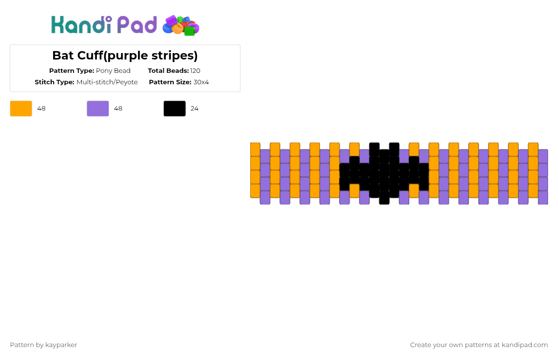 Bat Cuff(purple stripes) - Pony Bead Pattern by kayparker on Kandi Pad - orange,purple,bat,bat cuff,kandi,cute,halloween,bats