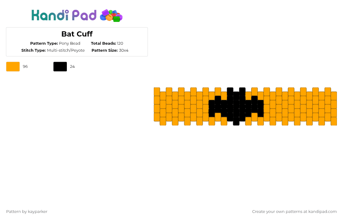 Bat Cuff - Pony Bead Pattern by kayparker on Kandi Pad - bat, bat cuff, cuff, cute, cute bat cuff, halloween, kandi, multistitch, orange