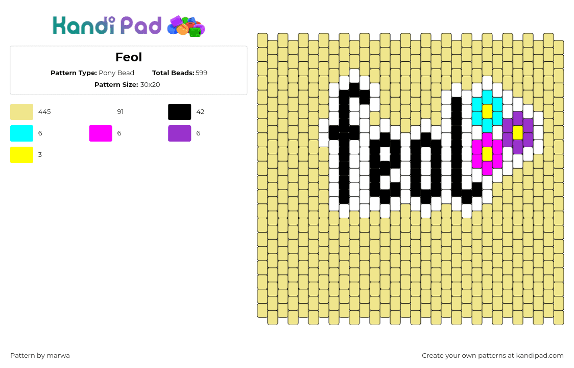 Feol - Pony Bead Pattern by marwa on Kandi Pad - feol,flowers,text,panel,yellow,beige