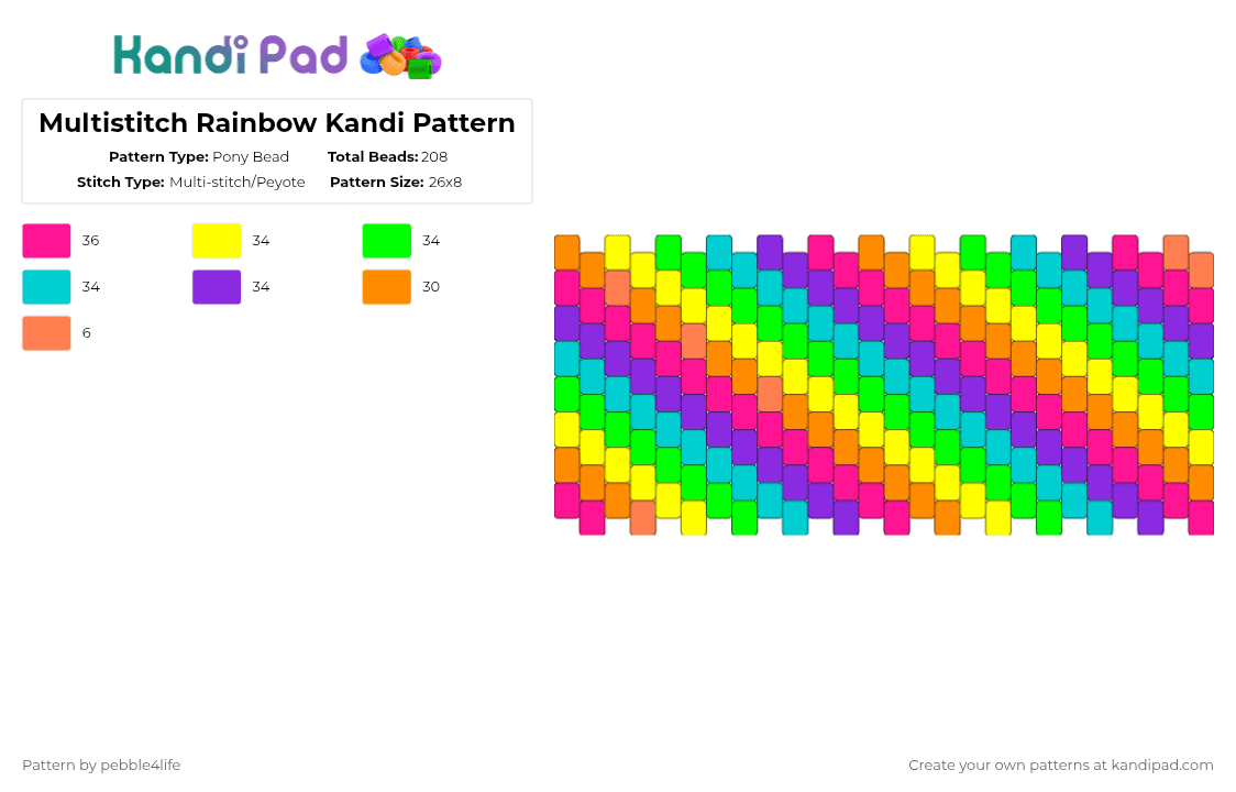 Multistitch Rainbow Kandi Pattern - Pony Bead Pattern by pebble4life on Kandi Pad - pink,green,purple,colorful