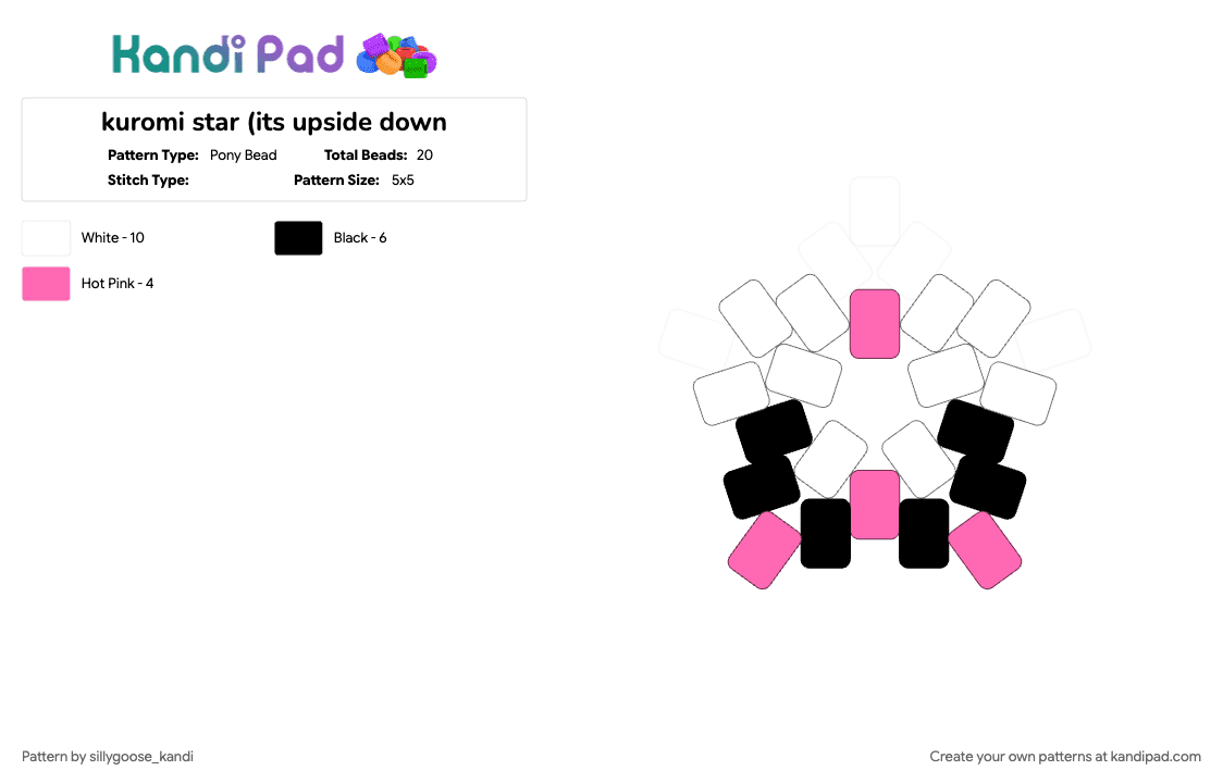 kuromi star (its upside down - Pony Bead Pattern by sillygoose_kandi on Kandi Pad - character, kuromi, pink, sanrio, star, white