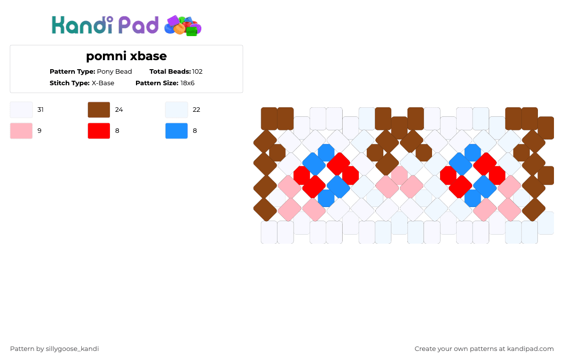 pomni xbase - Pony Bead Pattern by sillygoose_kandi on Kandi Pad - white,red,tadc,pomni,xbase,panel,cuff,character