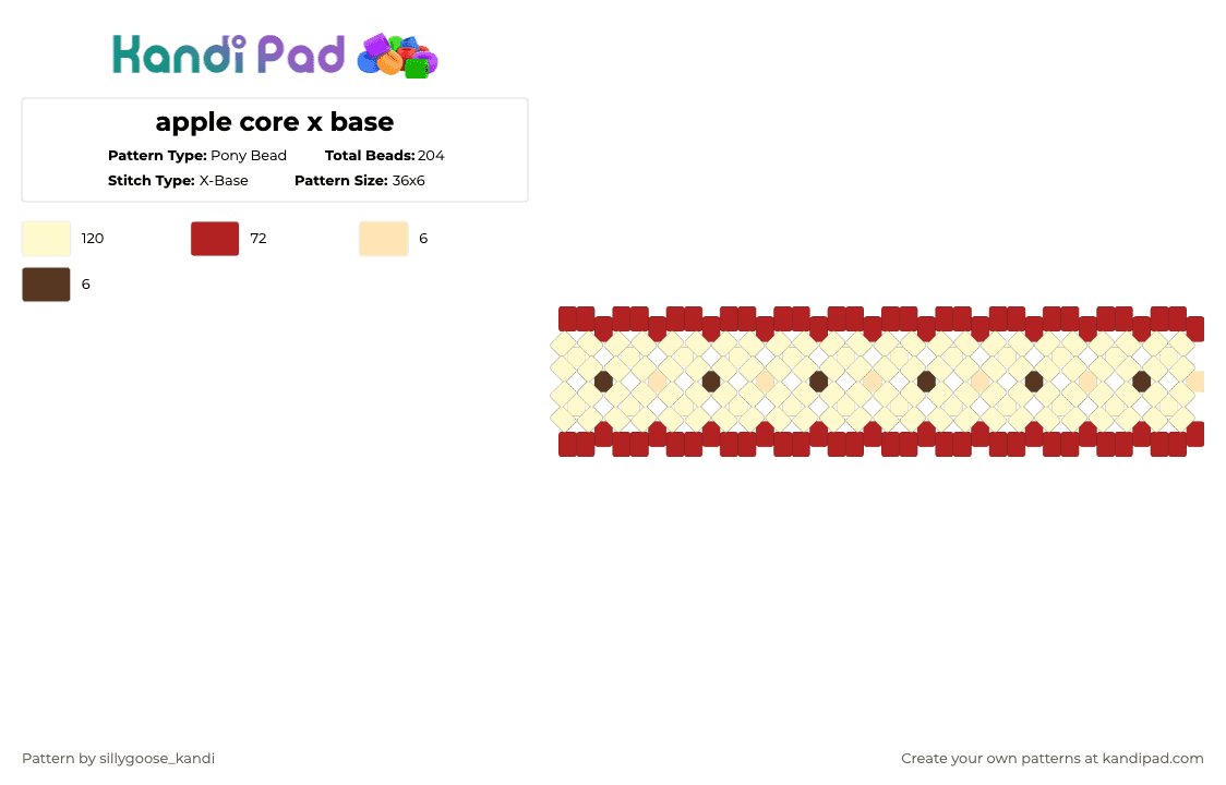 apple core x base - Pony Bead Pattern by sillygoose_kandi on Kandi Pad - fruit,food,cute,yellow,red,apple,xbase,cuff,twee,whimsy,core