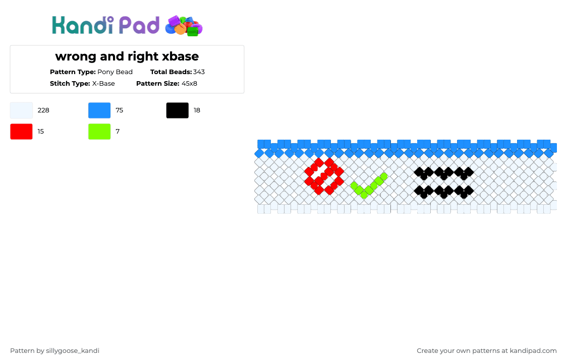 wrong and right xbase - Pony Bead Pattern by sillygoose_kandi on Kandi Pad - white,light blue,xbase,cuff,nostalgia,tick,cross,anti,dreamcore,weirdcore