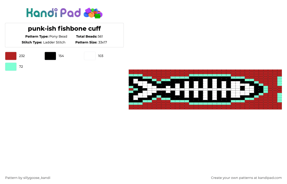 punk-ish fishbone cuff - Pony Bead Pattern by sillygoose_kandi on Kandi Pad - red,fish,bone,cuff,punk,alt
