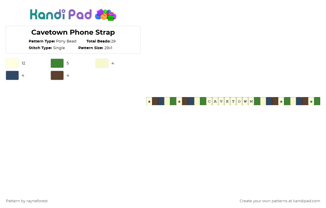 Cavetown Phone Strap - Pony Bead Pattern by rayneforest on Kandi Pad - green,yellow,blue,brown
