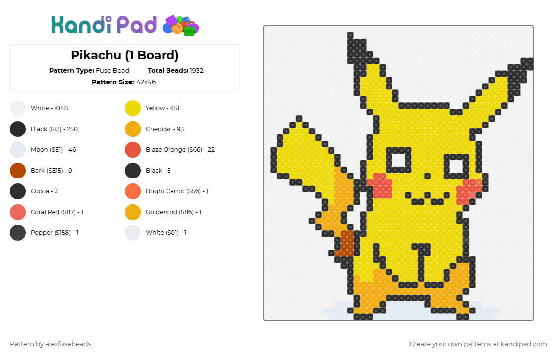 Pikachu (1 Board) - Fuse Bead Pattern by alexfusebeads on Kandi Pad - pikachu, pokemon, white, yellow