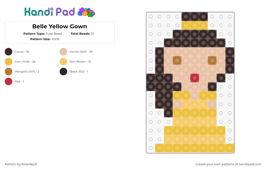 Belle Yellow Gown - Fuse Bead Pattern by kstanley31 on Kandi Pad - belle,beauty and the beast,dress,chibi,character,disney,movie,animation,yellow,brown