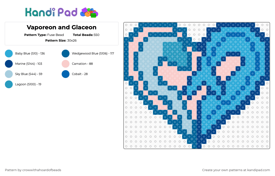 Vaporeon and Glaceon - Fuse Bead Pattern by crowwithahoardofbeads on Kandi Pad - blue,light blue,vaporeon,glaceon,pokemon,heart