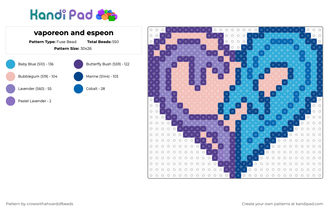 vaporeon and espeon - Fuse Bead Pattern by crowwithahoardofbeads on Kandi Pad - vaporeon,espeon,heart,video game,cartoon,creature,gaming,pokemon,purple,blue,beige,light blue