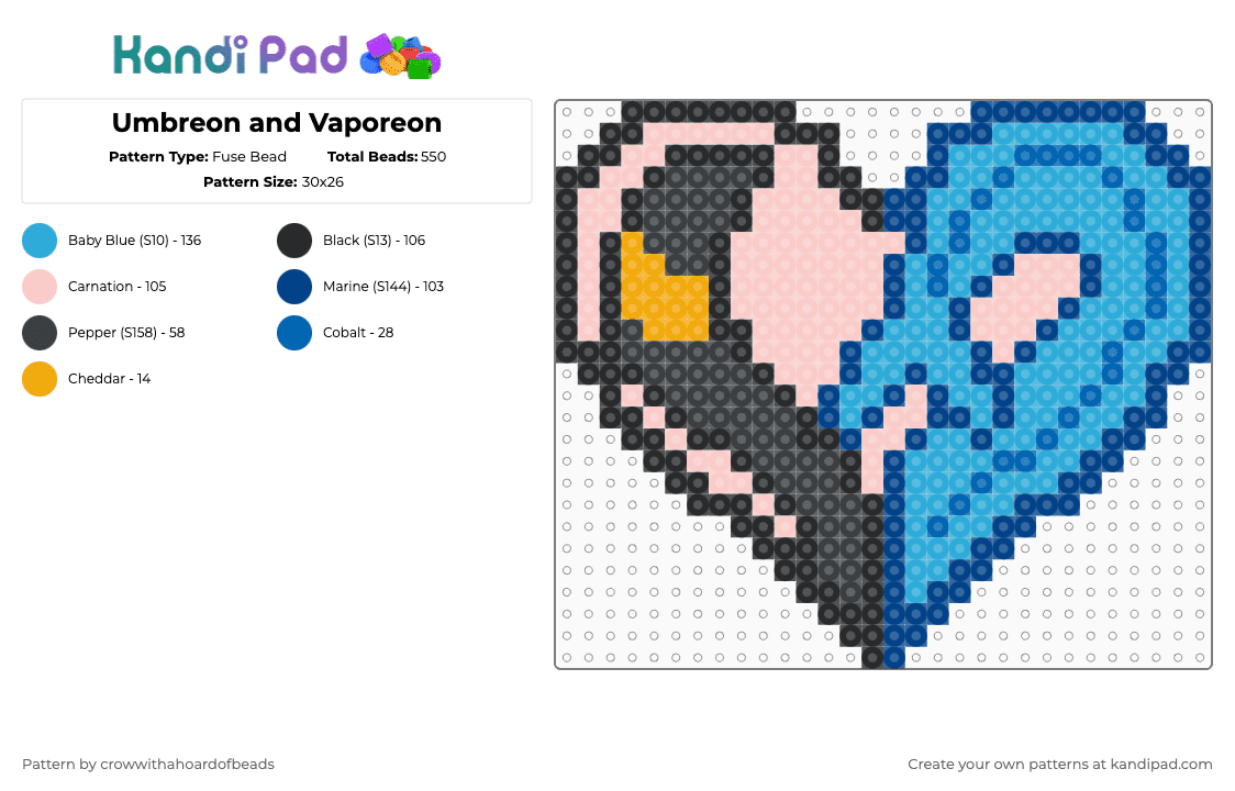 Umbreon and Vaporeon - Fuse Bead Pattern by crowwithahoardofbeads on Kandi Pad - blue,light blue,beige,umbreon,pokemon,vaporeon,heart