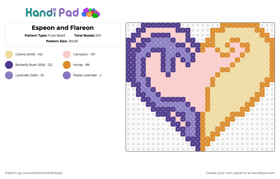 Espeon and Flareon - Fuse Bead Pattern by crowwithahoardofbeads on Kandi Pad - beige, espeon, flareon, heart, pokemon, purple