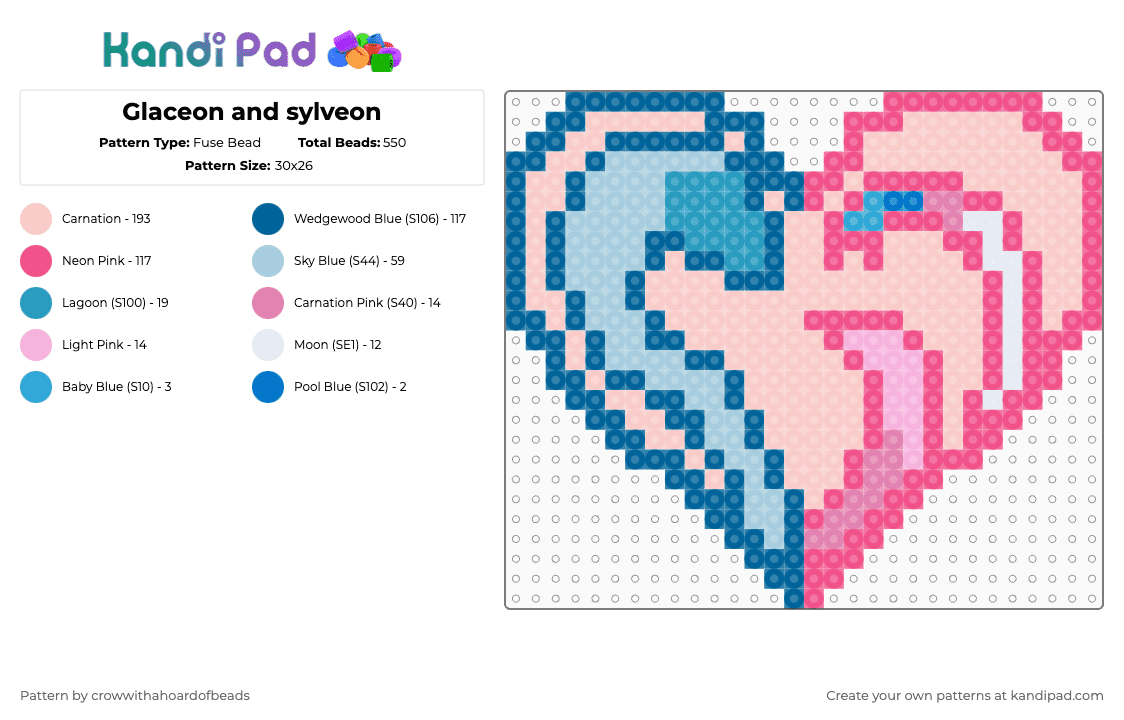 Glaceon and sylveon - Fuse Bead Pattern by crowwithahoardofbeads on Kandi Pad - pink,beige,glaceon,sylveon,heart,pokemon