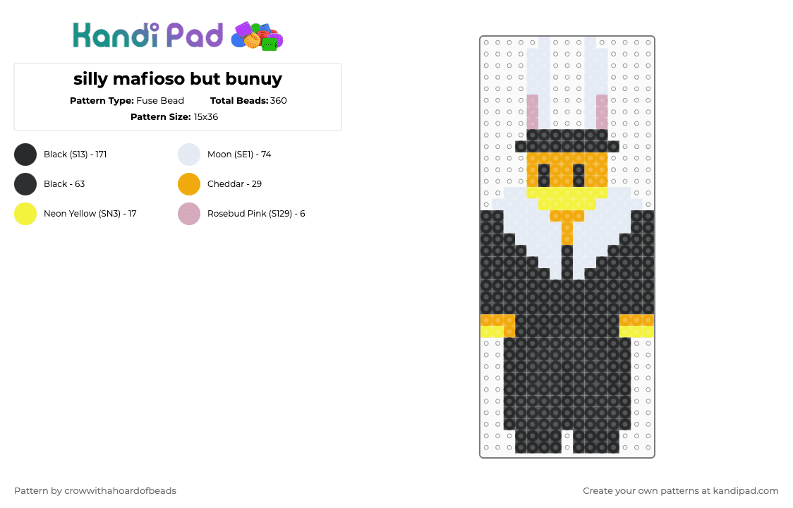 silly mafioso but bunuy - Fuse Bead Pattern by crowwithahoardofbeads on Kandi Pad - black,white,orange,yellow,bunny,mafioso,forsaken,mafiaso