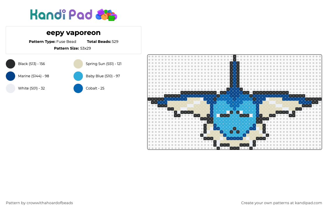 eepy vaporeon - Fuse Bead Pattern by crowwithahoardofbeads on Kandi Pad - beige, blue, pokemon, sleepy, tired, vaporeon