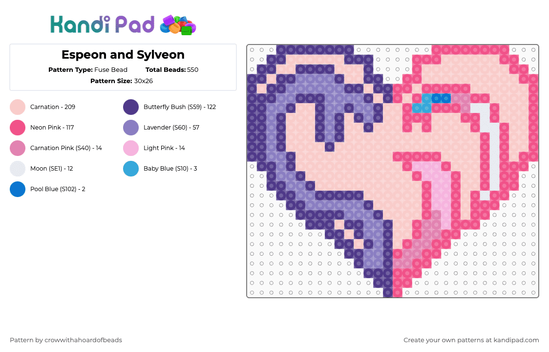 Espeon and Sylveon - Fuse Bead Pattern by crowwithahoardofbeads on Kandi Pad - purple,pink,beige,sylveon,espeon,pokemon,heart