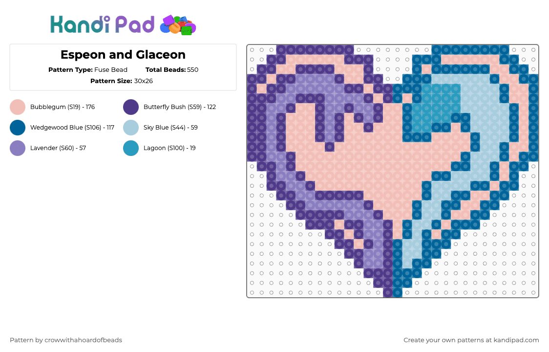 Espeon and Glaceon - Fuse Bead Pattern by crowwithahoardofbeads on Kandi Pad - purple,blue,beige,espeon,glaceon,pokemon,heart