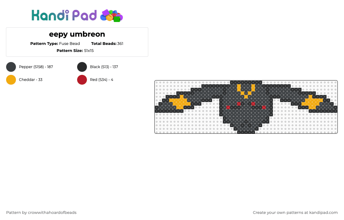 eepy umbreon - Fuse Bead Pattern by crowwithahoardofbeads on Kandi Pad - black, orange, pokemon, sleepy, tired, umbreon