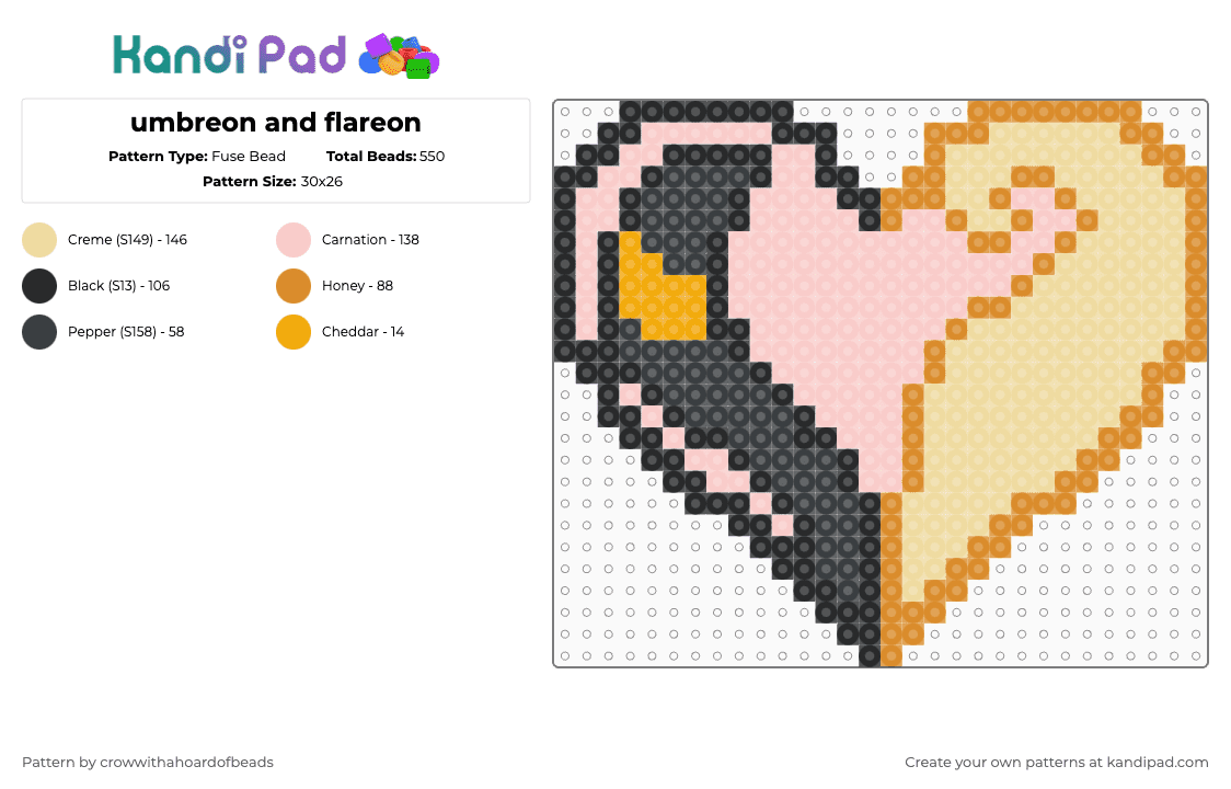 umbreon and flareon - Fuse Bead Pattern by crowwithahoardofbeads on Kandi Pad - orange,beige,heart,umbreon,flareon,pokemon