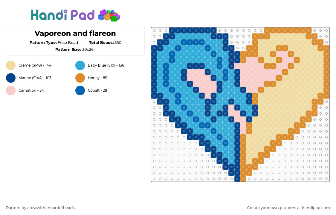Vaporeon and flareon - Fuse Bead Pattern by crowwithahoardofbeads on Kandi Pad - blue,beige,light blue,vaporeon,flareon,pokemon,heart