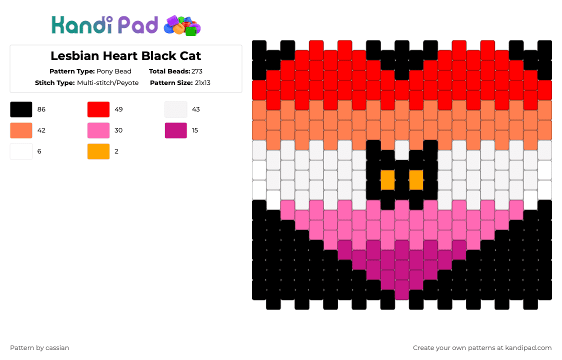 Lesbian Heart Black Cat - Pony Bead Pattern by cassian on Kandi Pad - red,orange,pink,lesbian,heart,pride,black cat,cat,lesbian pride,lgbtq