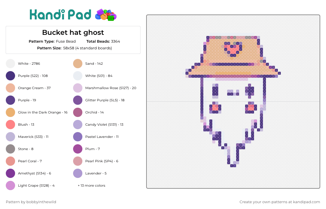Bucket hat ghost - Fuse Bead Pattern by bobbyinthewild on Kandi Pad - bucket hat,ghost,heart,cute,hat,whimsy,playful,soft purples,peach,spirit