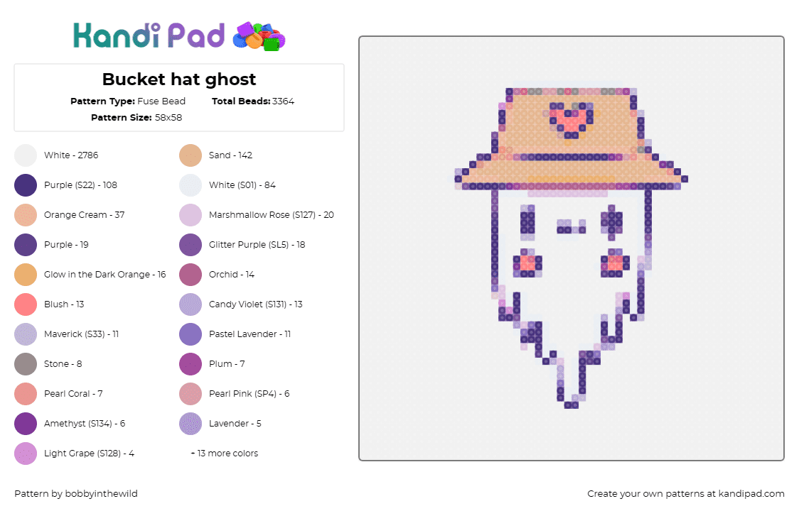 Bucket hat ghost - Fuse Bead Pattern by bobbyinthewild on Kandi Pad - bucket hat,ghost,heart,cute,hat,playful,soft purples,peach,spirit