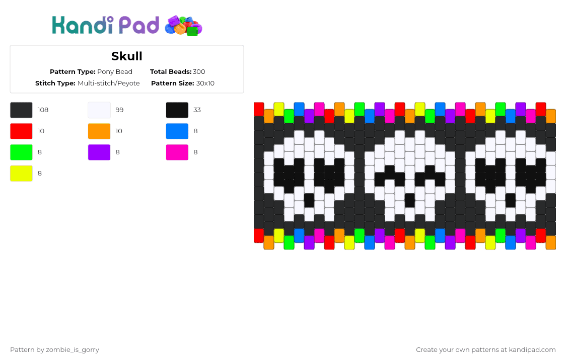 Skull - Pony Bead Pattern by zombie_is_gorry on Kandi Pad - black,white,green,pink,orange,colorful