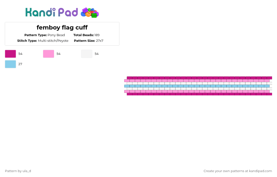 femboy flag cuff - Pony Bead Pattern by xfrankie_steinx on Kandi Pad - blue, femboy, flag, peyote, pink, pride, white