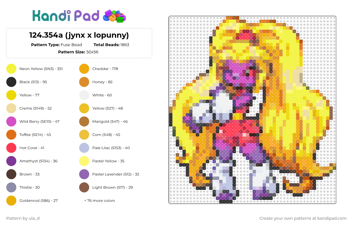 124.354a (jynx x lopunny) - Fuse Bead Pattern by xfrankie_steinx on Kandi Pad - orange,yellow,pink,pokemon,fusion,perler,red,purple