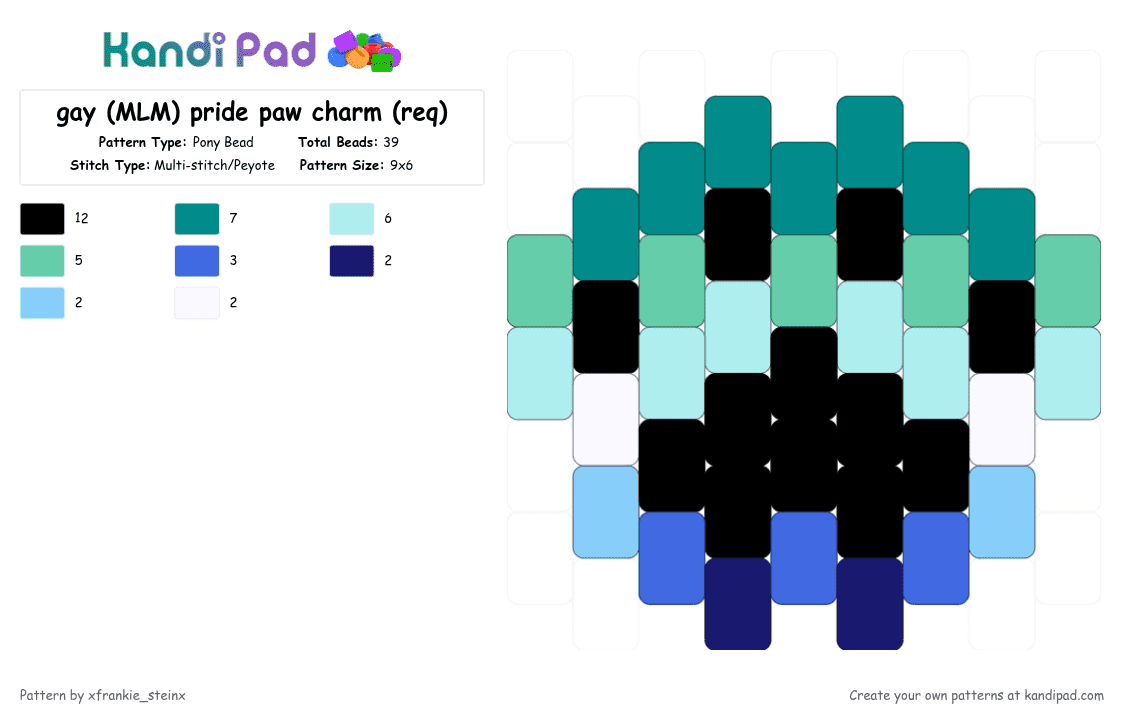 gay (MLM) pride paw charm (req) - Pony Bead Pattern by xfrankie_steinx on Kandi Pad - light blue,teal,gay,mlm,pride,paw,charm,blue,green,white
