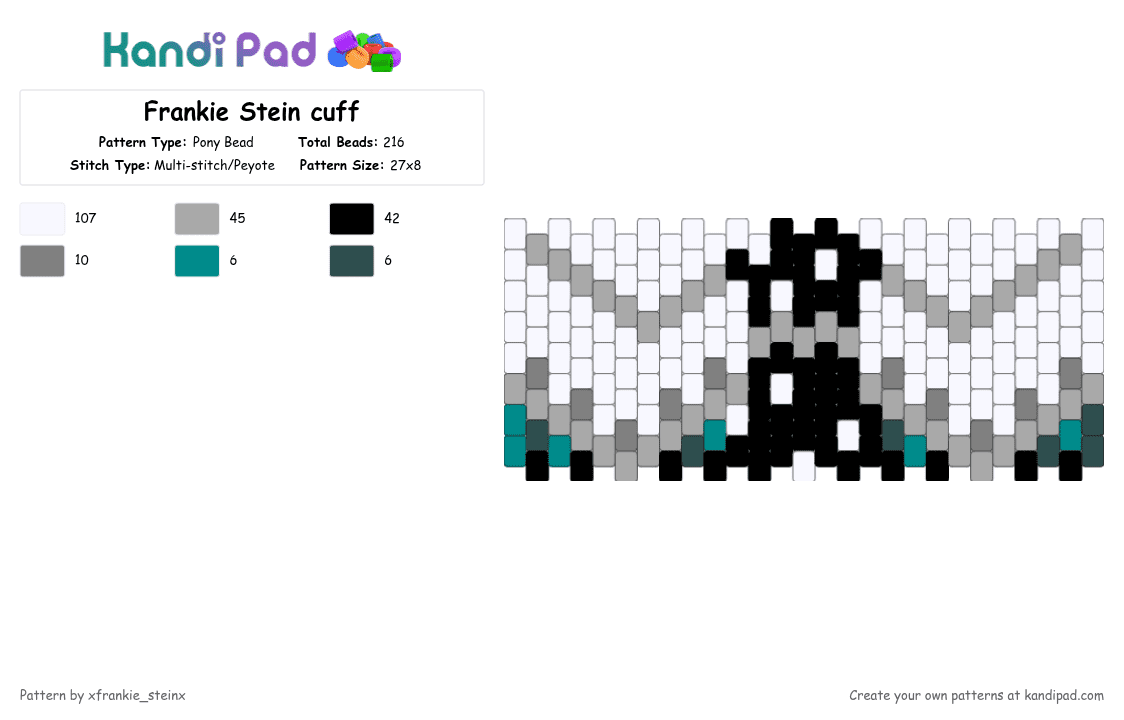 Frankie Stein cuff - Pony Bead Pattern by xfrankie_steinx on Kandi Pad - white,beige,frankie stein,monster high,cuff,axelskincomp,black,green,grey