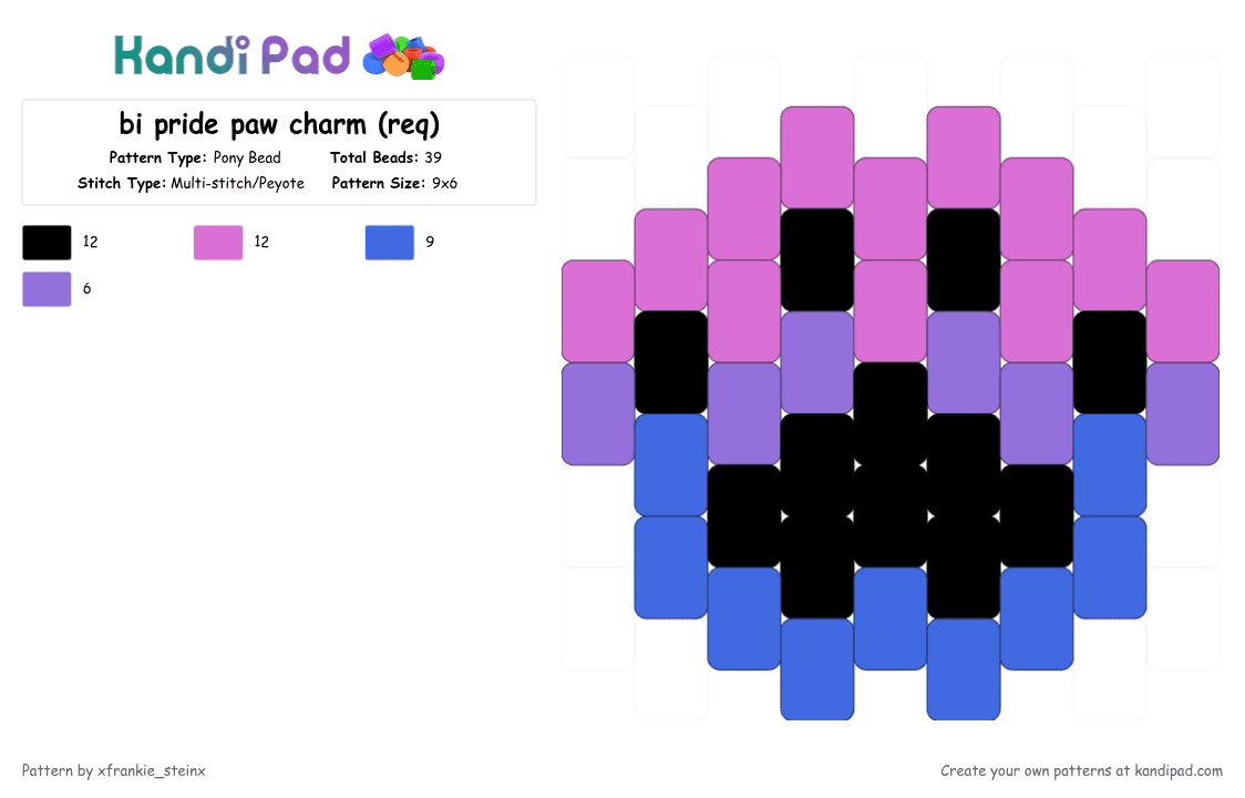 bi pride paw charm (req) - Pony Bead Pattern by xfrankie_steinx on Kandi Pad - blue,pink,bisexual,paw,charm,pride,purple,black