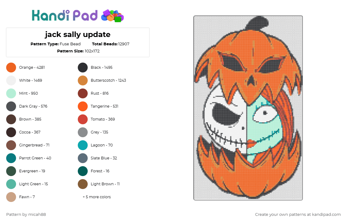 jack sally update - Fuse Bead Pattern by micah88 on Kandi Pad - nightmare before christmas,movie,red,orange