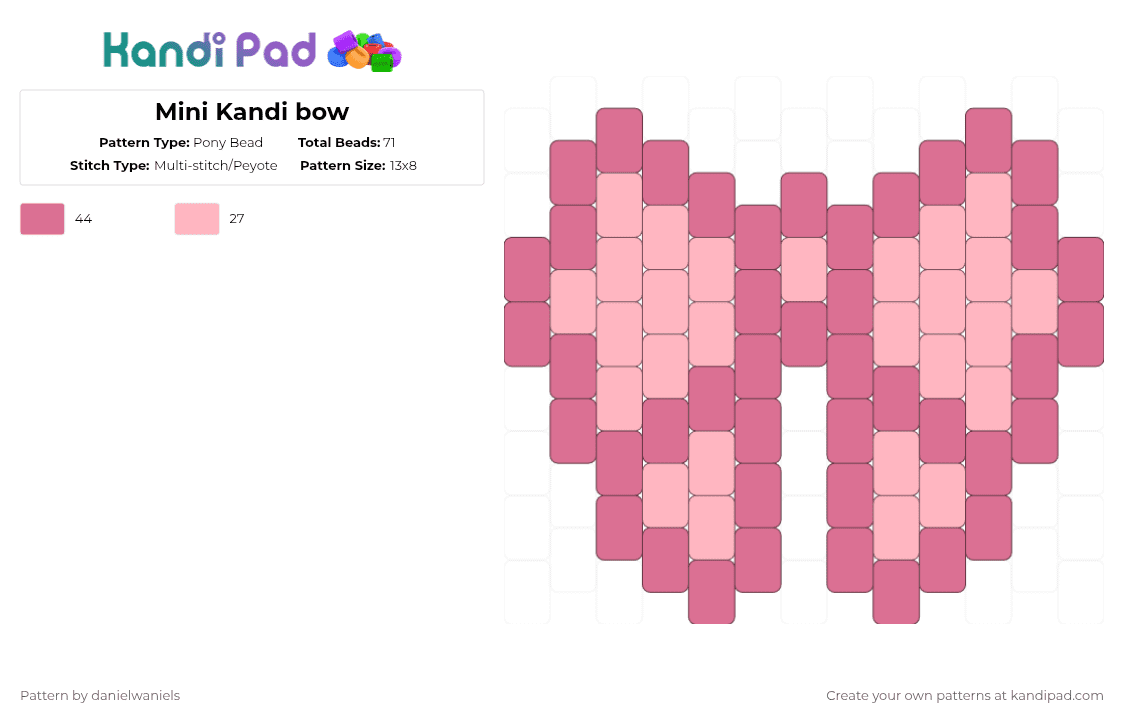 Mini Kandi bow - Pony Bead Pattern by danielwaniels on Kandi Pad - pink