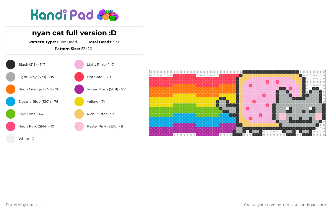 nyan cat full version :D - Fuse Bead Pattern by topaz-_- on Kandi Pad - pink,gray,yellow,nyancat,poptart,rainbow,og,2011,meme